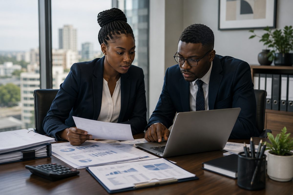 Two accountants reconciling management accounts against the ledger