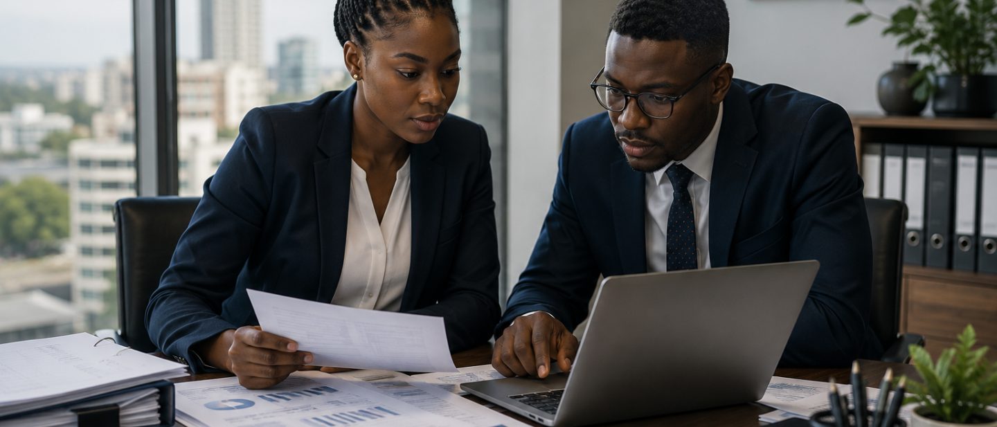 Two accountants reconciling management accounts against the ledger