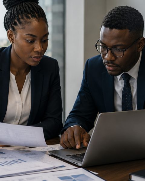 Two accountants reconciling management accounts against the ledger