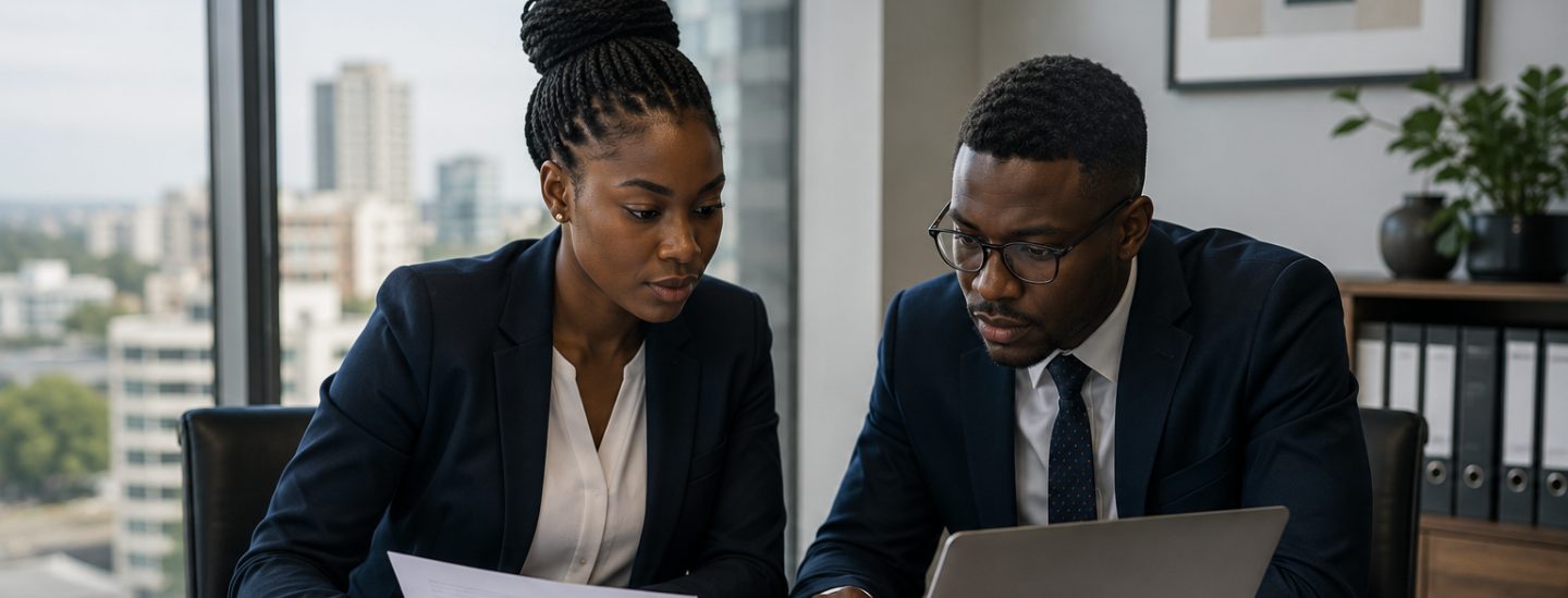 Two accountants reconciling management accounts against the ledger