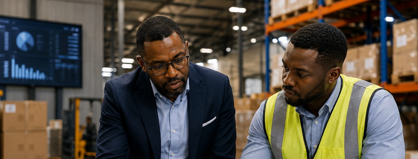 An advisor and a warehouse supervisor reviewing costs on the floor