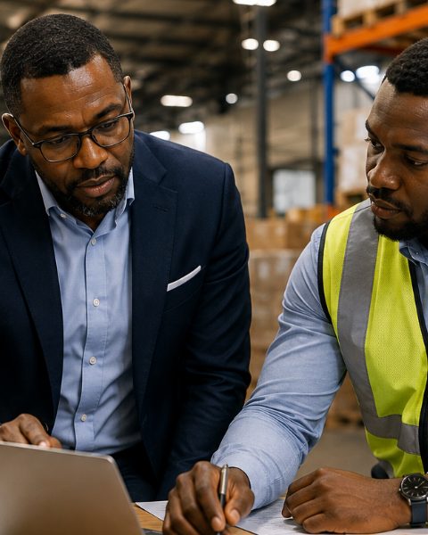 An advisor and a warehouse supervisor reviewing costs on the floor