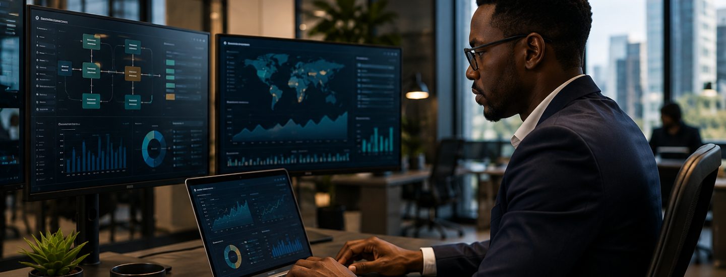 An analyst reading performance across several screens