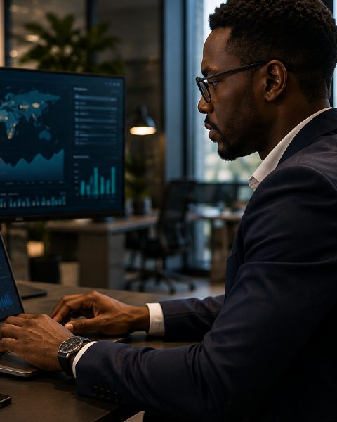 An analyst reading performance across several screens