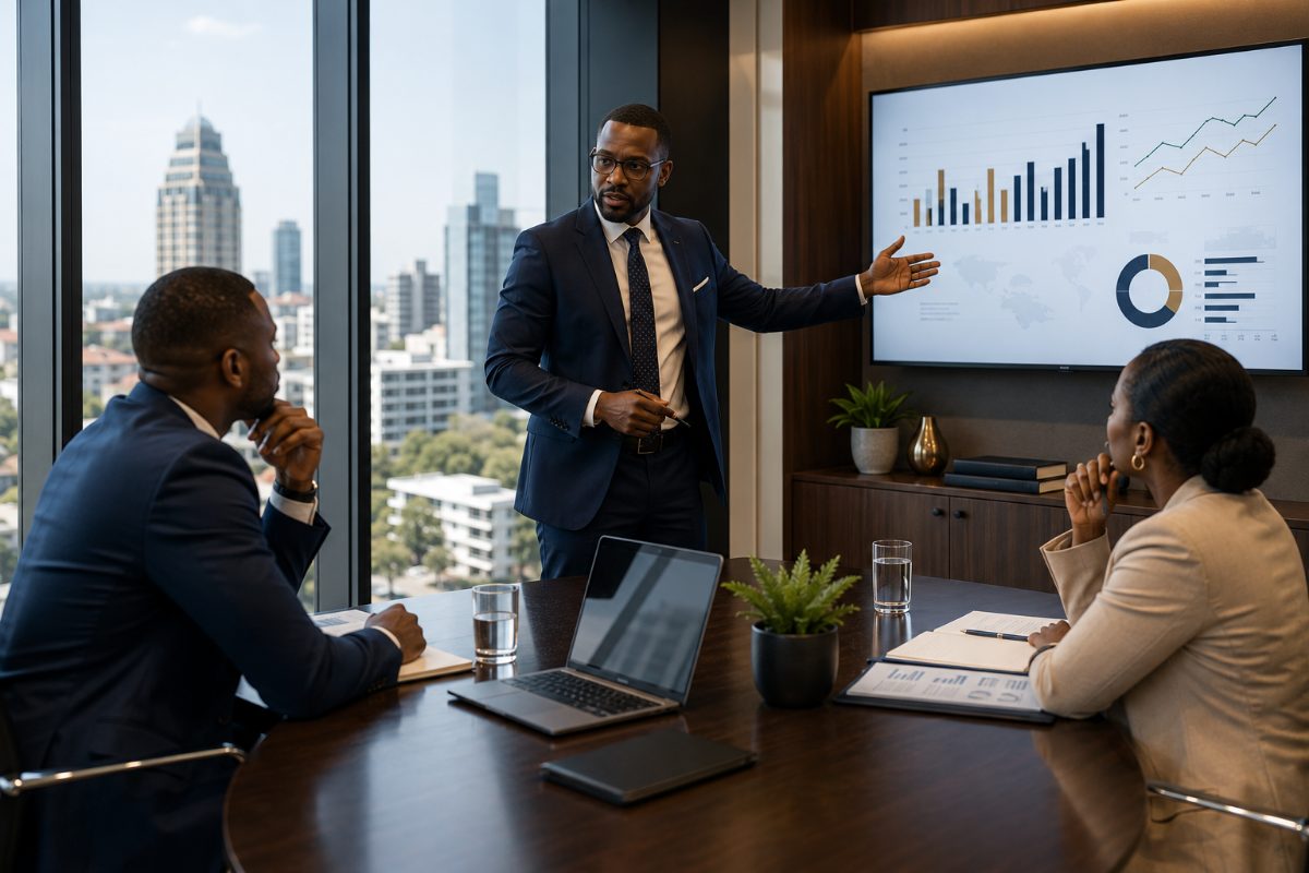 A partner presenting to a board around the table